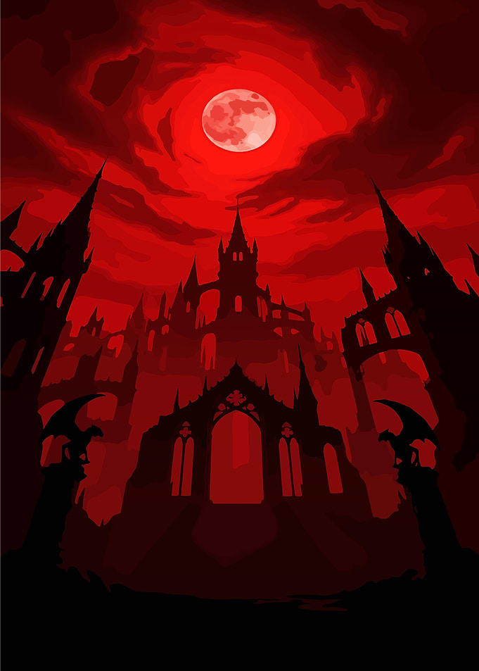 Red Gothic Castle Under a Full Moon