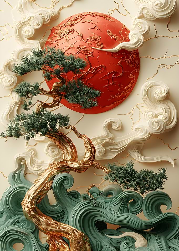 Japanese-inspired tree with sun and waves