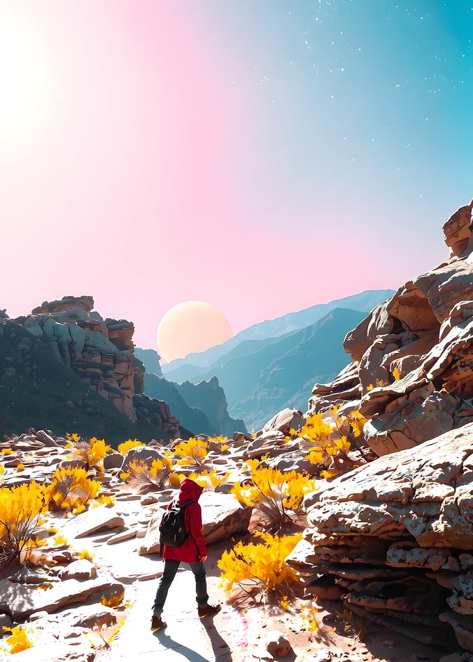 Hiker in a surreal mountain landscape