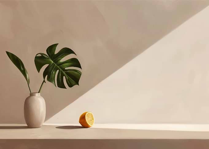 Minimalist Still Life with Monstera and Lemon
