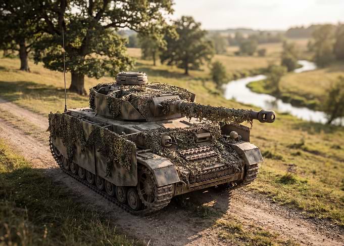 Camouflaged Tank in a Rural Landscape