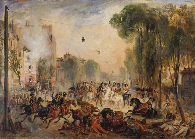 Battle Scene Painting with Horses and Soldiers