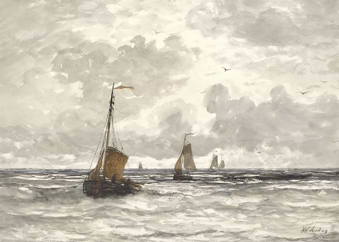 Monochrome seascape with sailing boats