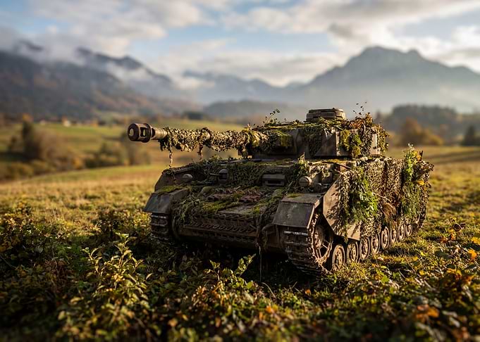 Camouflaged Tank in a Field