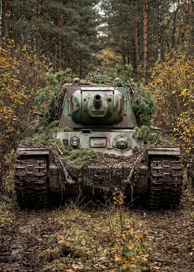 Camouflaged Tank in Autumn Forest