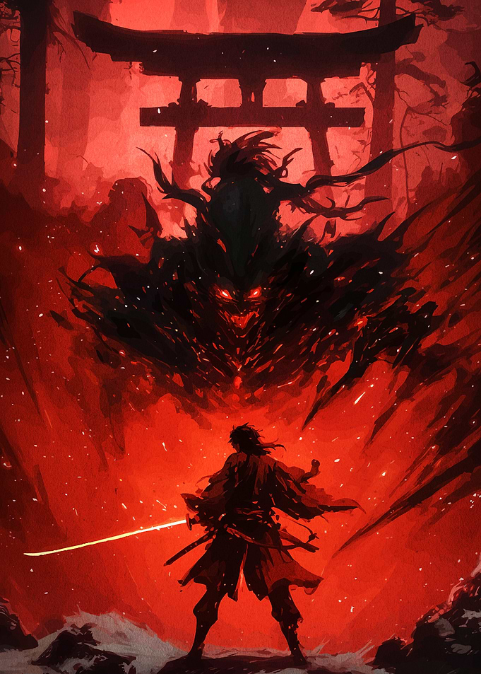 Samurai vs Demon under Torii Gate