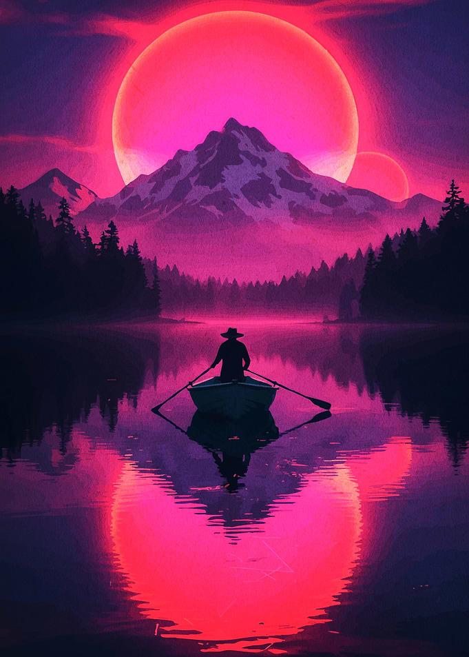 Rowboat on Lake with Pink Moons