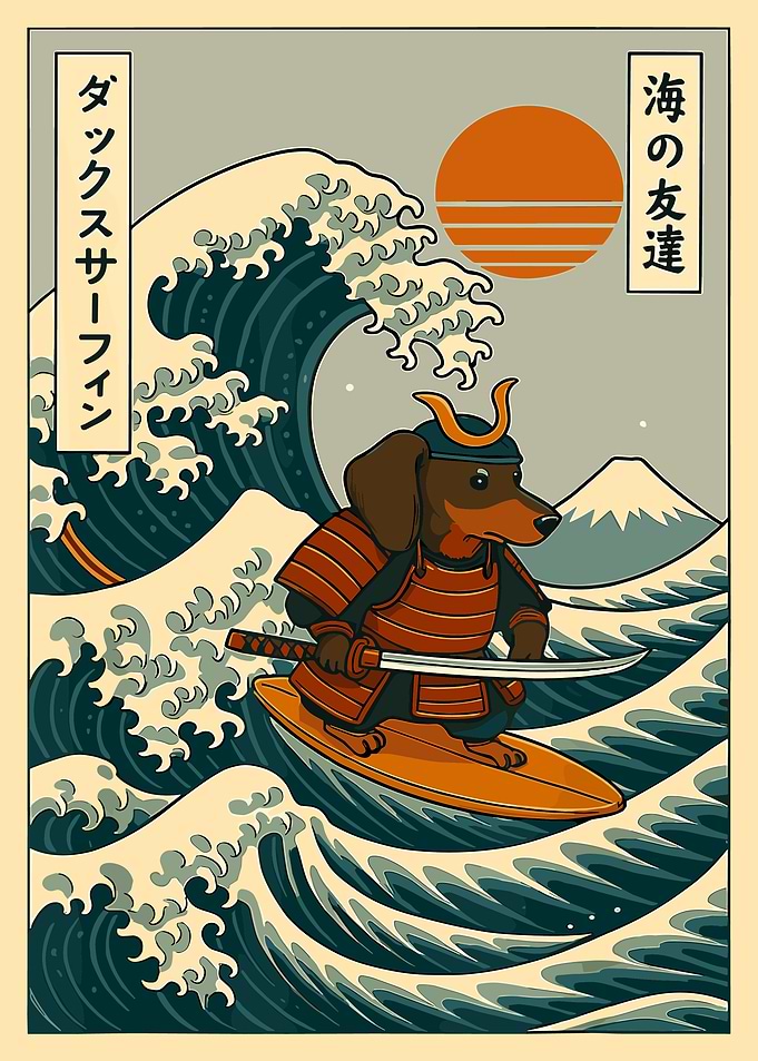 Samurai Dachshund Poster, Japanese Dog Art Print, Great Wave Style Surf Wall Decor