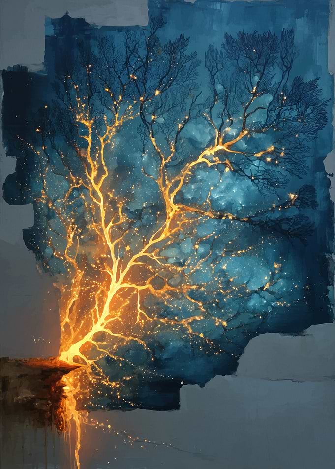 Glowing Tree Against Blue Background