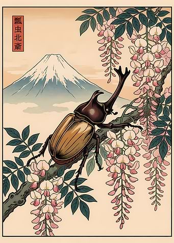 Japanese Beetle and Mount Fuji Art