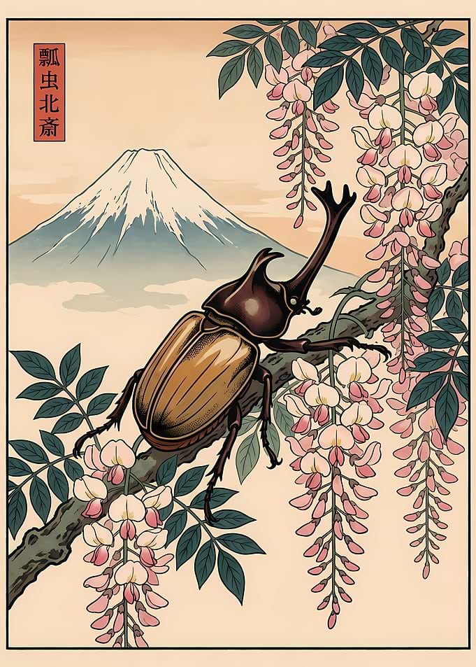 Japanese Beetle and Mount Fuji Art