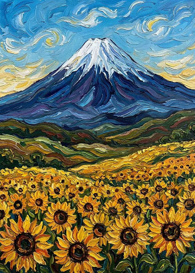 Mount Fuji and Sunflowers Painting