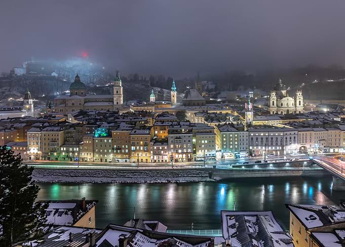 Salzburg cityscape at night in winter