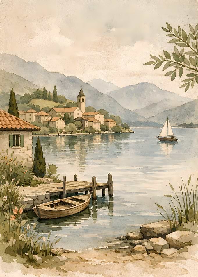 Watercolor Lake Scene with Village