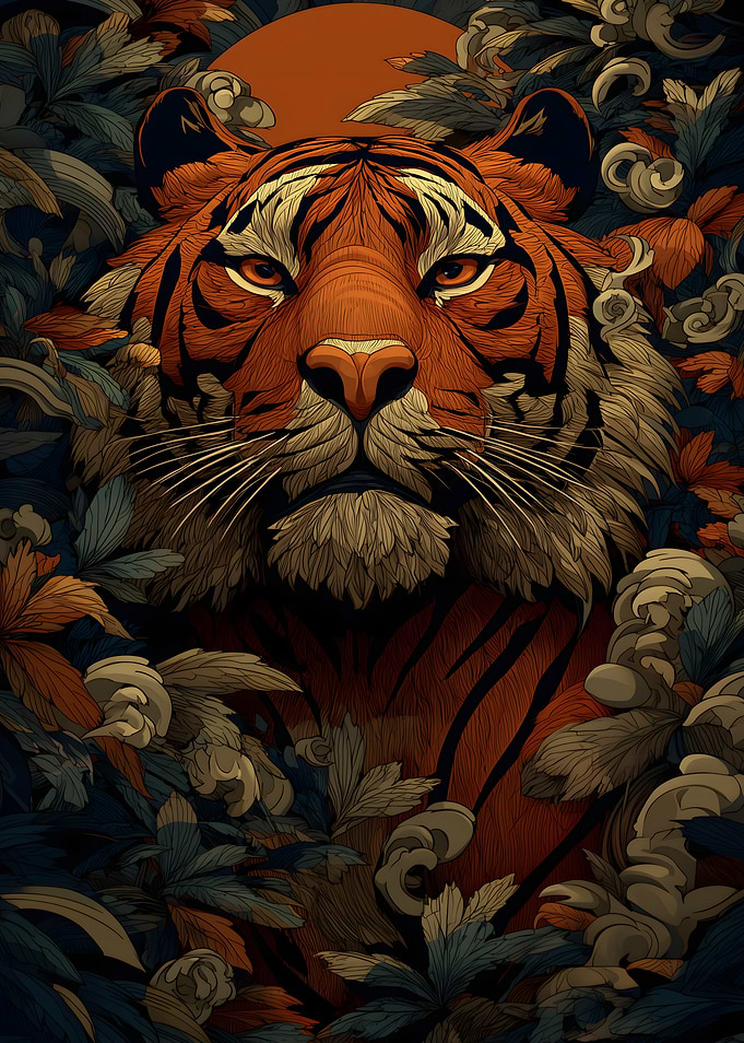 Tiger Portrait in Floral Surroundings