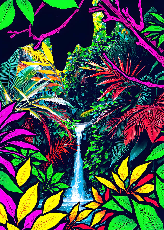 Vibrant Tropical Waterfall Digital Art