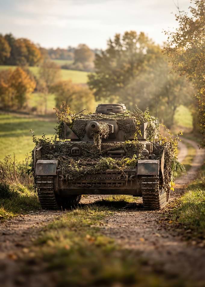 Camouflaged Tank on a Dirt Road