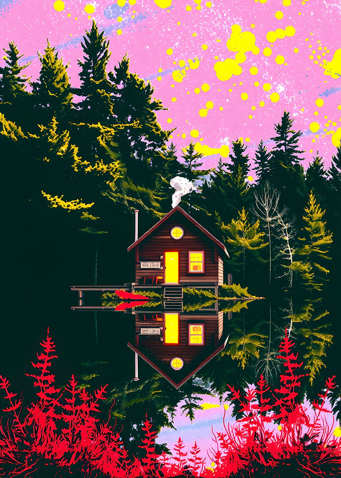 Cabin Reflection in Forest Lake