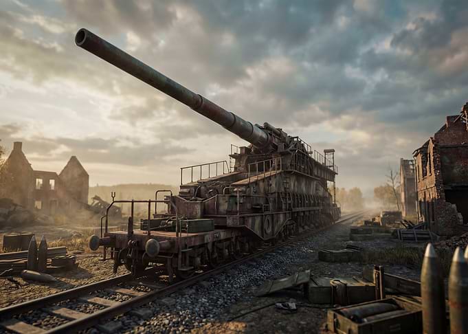 Massive Railway Gun in War-Torn Landscape