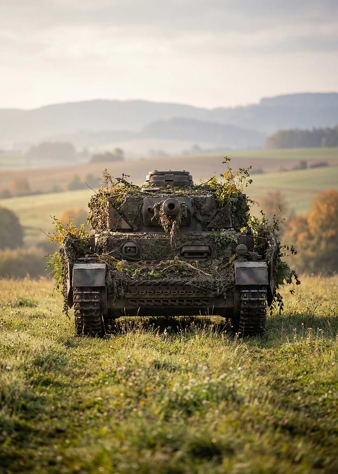 Camouflaged Tank in Grassy Field