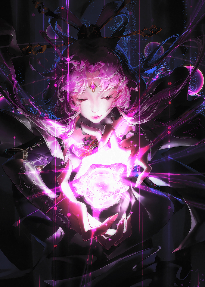 Pink-haired woman holding glowing orb