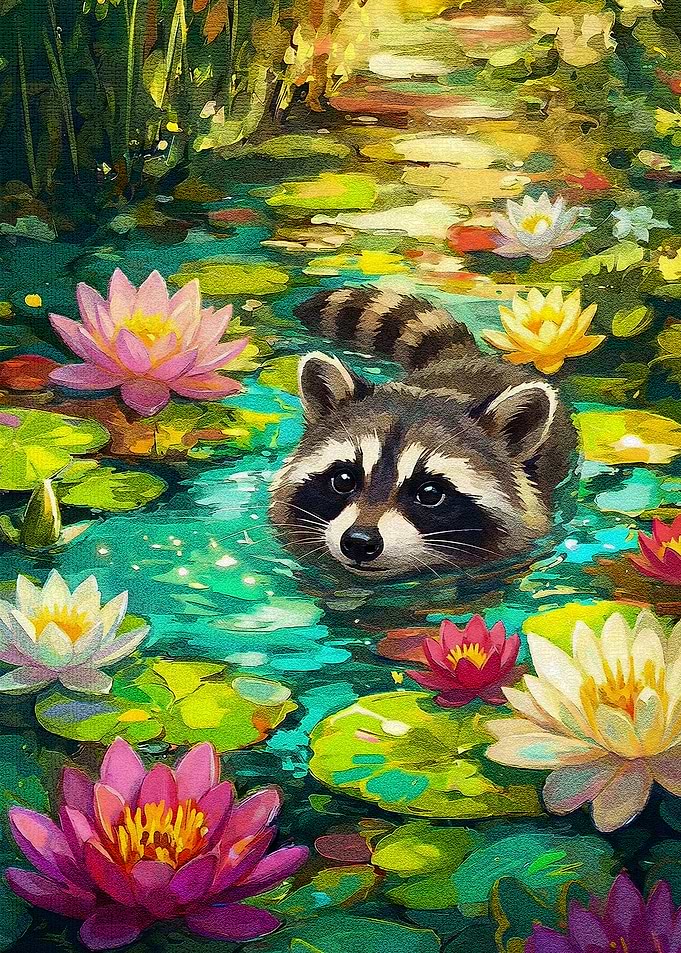 Raccoon in Lily Pond Painting