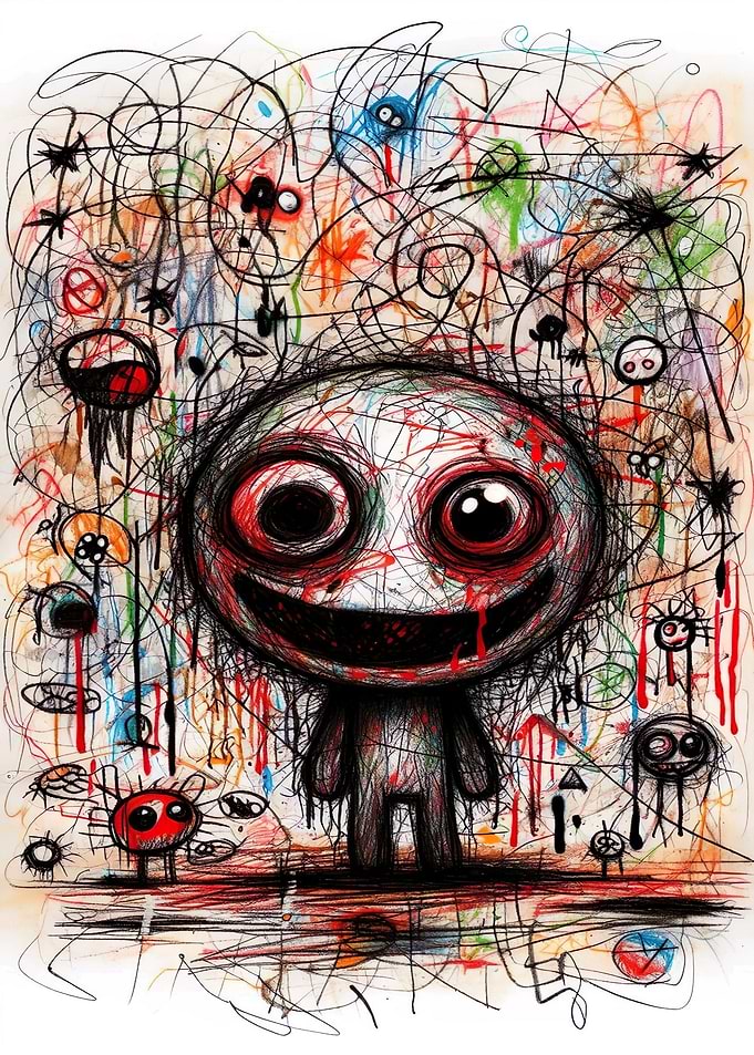 Creepy Smiling Character with Chaotic Background