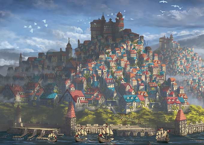 Fantasy Cityscape with Ships and Birds