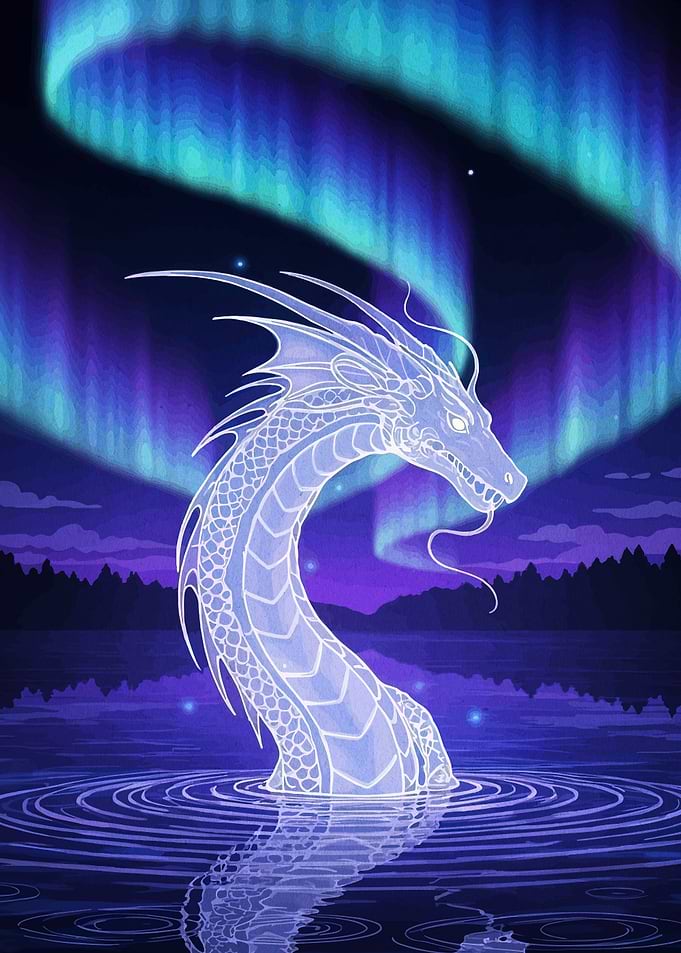 Dragon in Water with Aurora Borealis