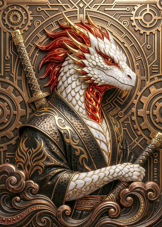 Art Deco Dragon Samurai in Bronze and Gold