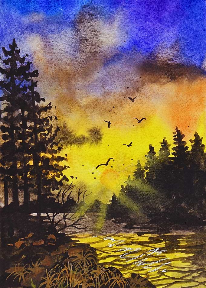 Watercolor Sunset Landscape with Birds