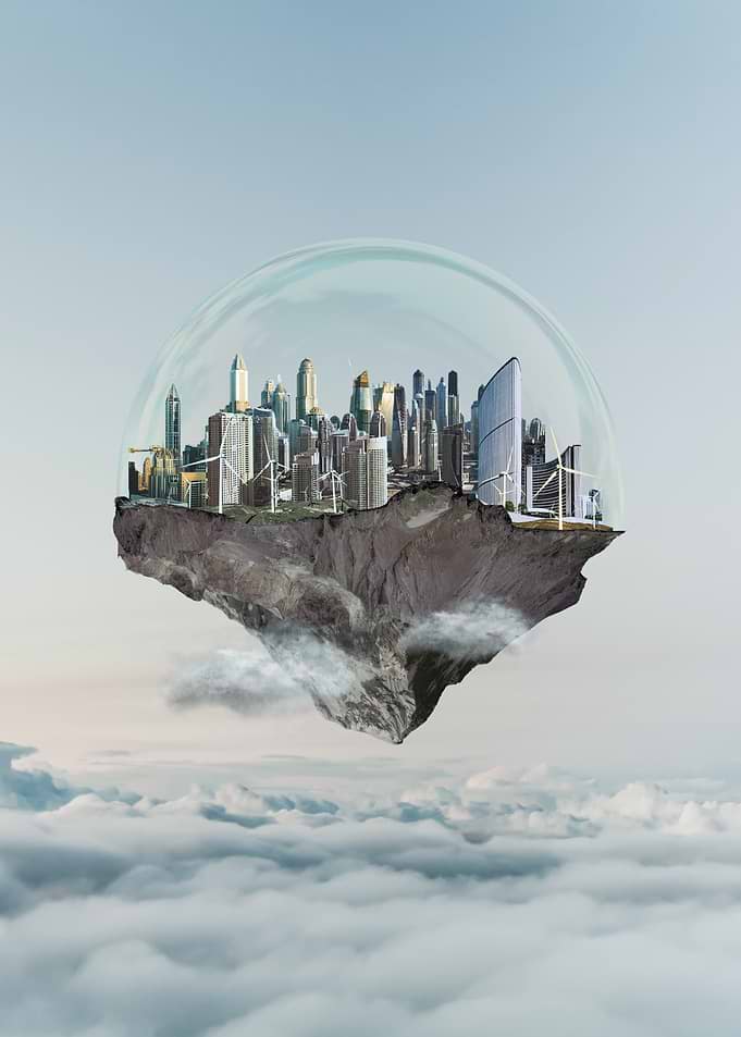 City in a Bubble Above Clouds