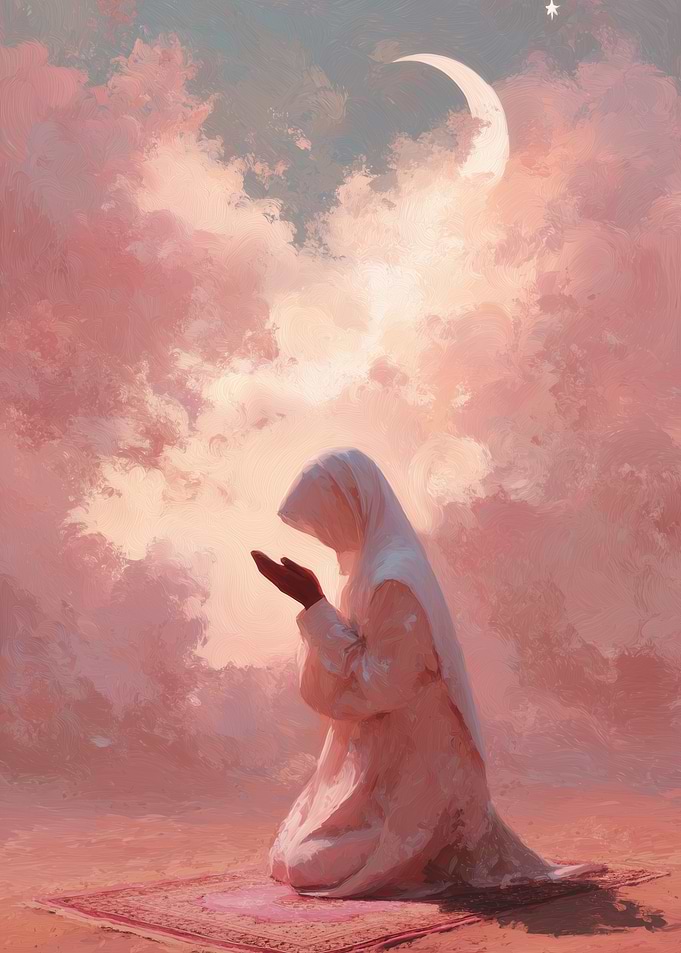 Muslim Prayer Under Crescent Moon