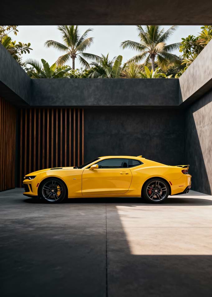 Yellow Chevrolet Camaro in Modern Garage