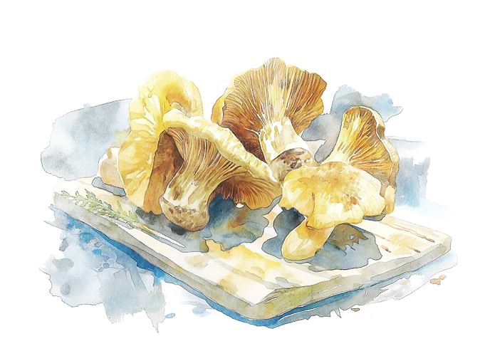 Watercolor Chanterelle Mushrooms on Wooden Board