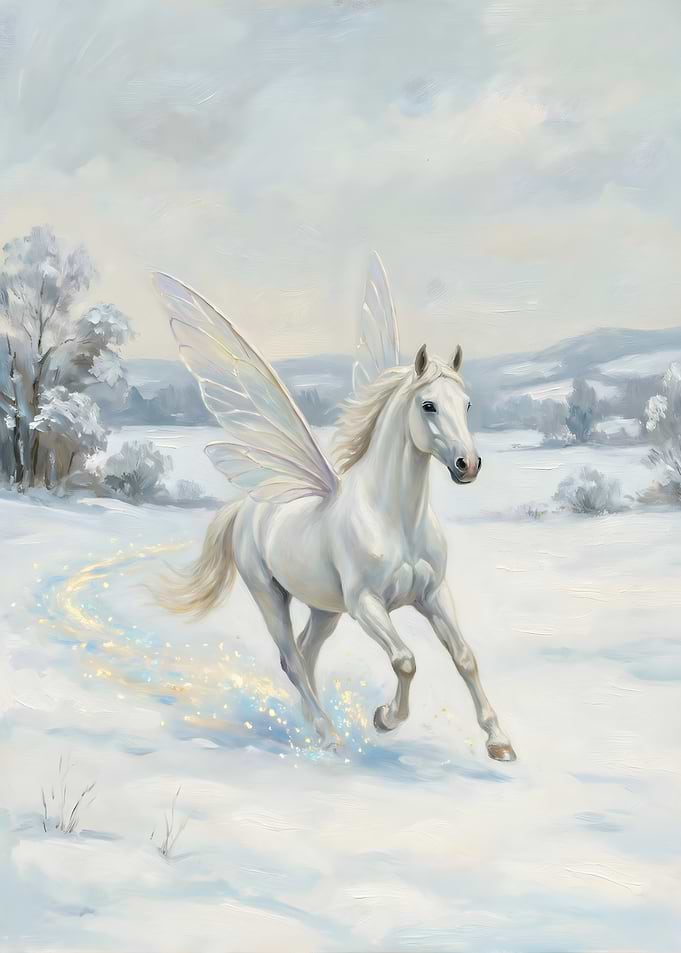 White Pegasus in Winter Landscape Painting