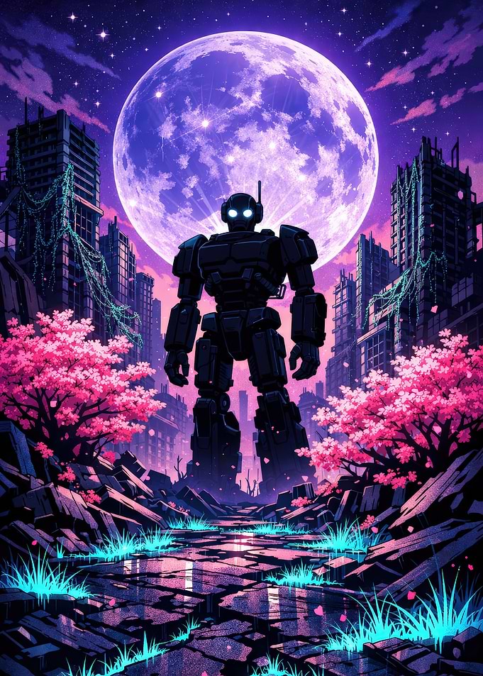 Robot in Ruined City with Moon