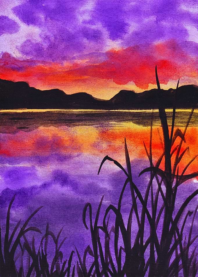 Watercolor Sunset Landscape with Reeds