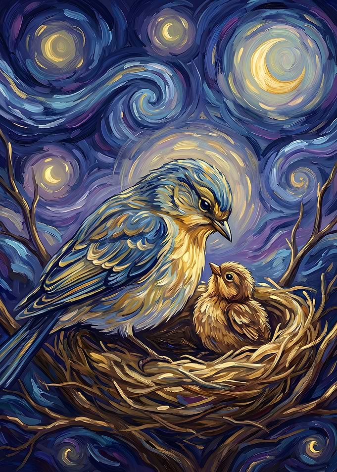 Bird and Chick in Nest Painting