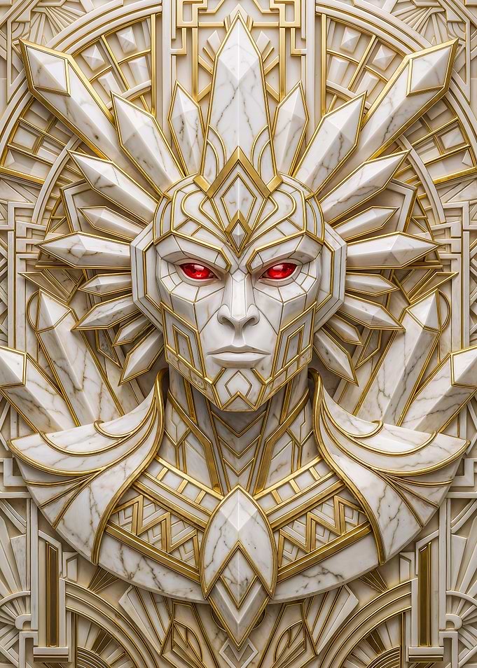 Art Deco Marble Guardian with Crimson Eyes