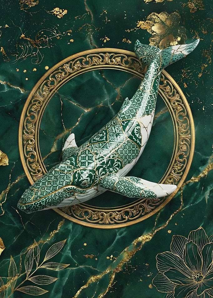 Porcelain Emerald Whale with Golden Accents