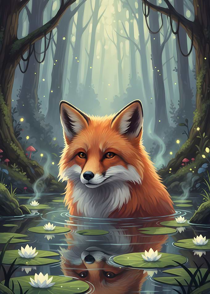Fox in a Forest Pond