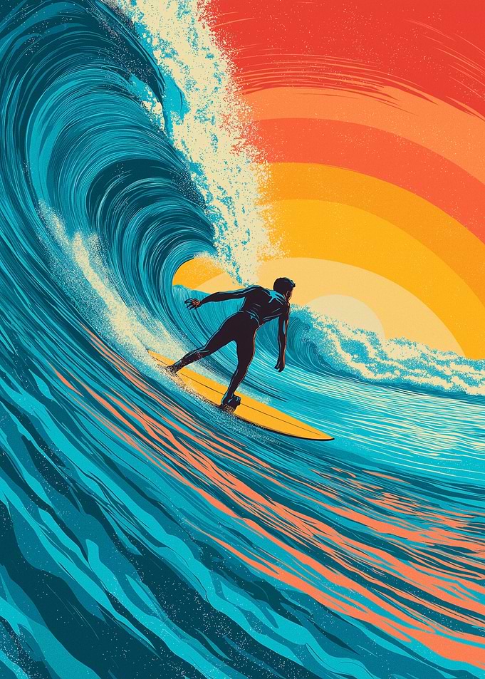 Surfer Riding a Wave at Sunset