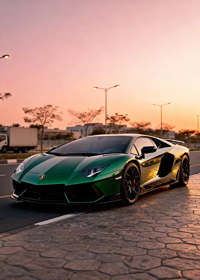 Green Lamborghini Aventador at Sunset