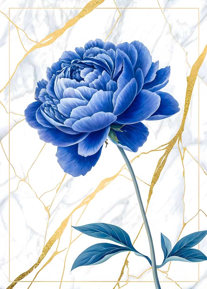 Blue Peony Flower Painting Poster with Gold Marble Background Art