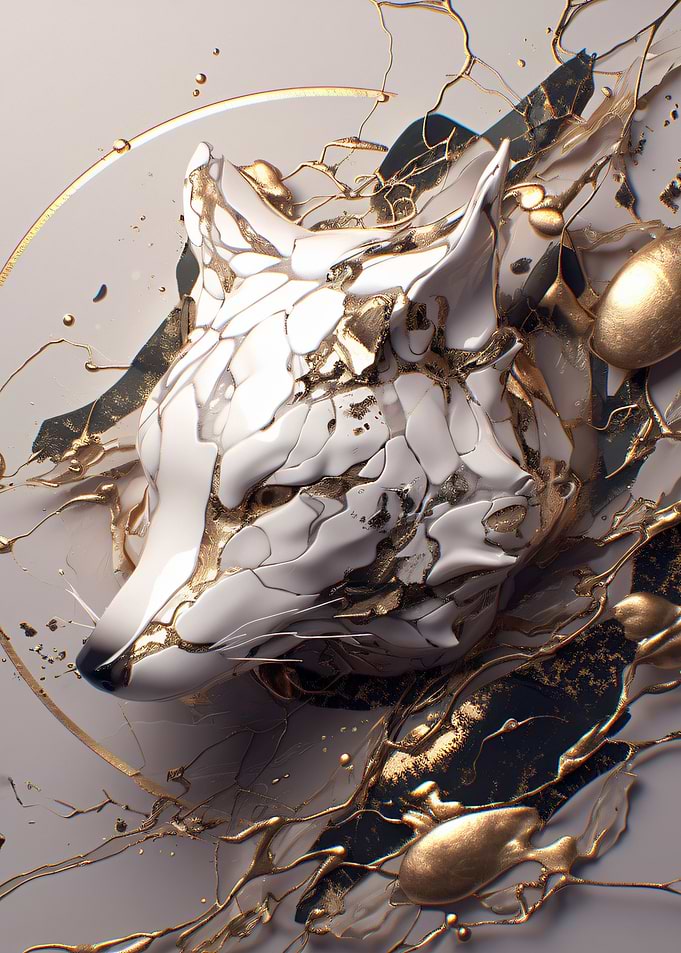 Abstract Fox Head with Gold Accents