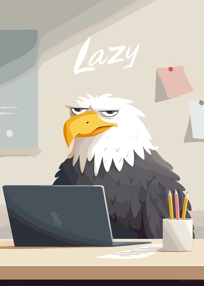 Lazy Eagle Cartoon Character at Desk