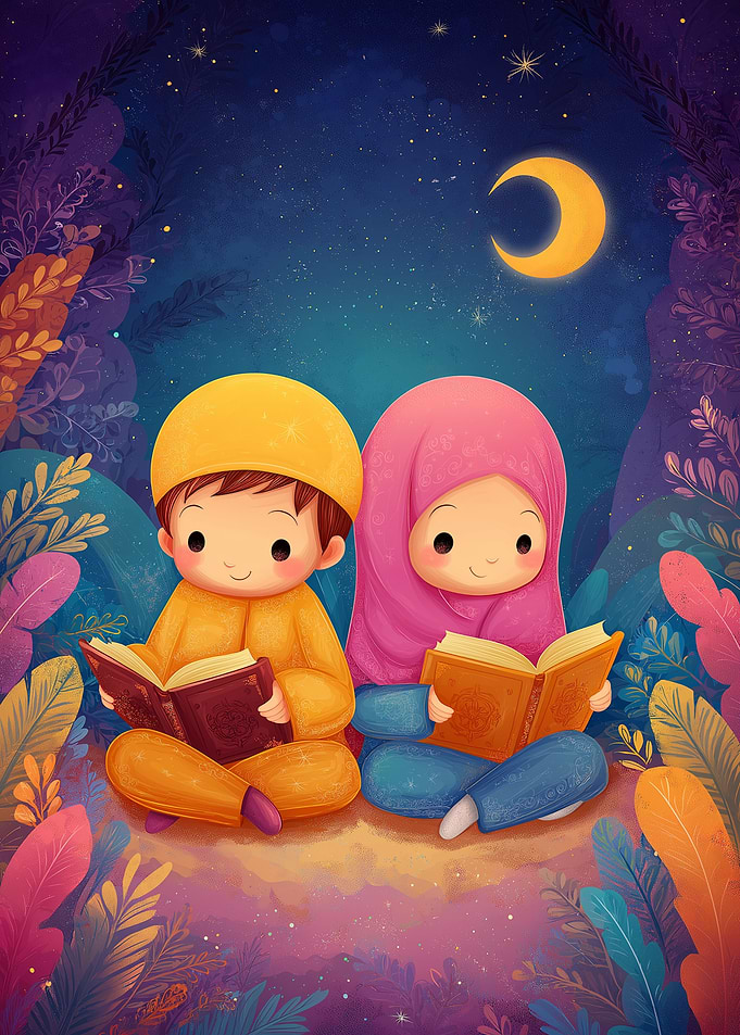 Children Reading Under Crescent Moon