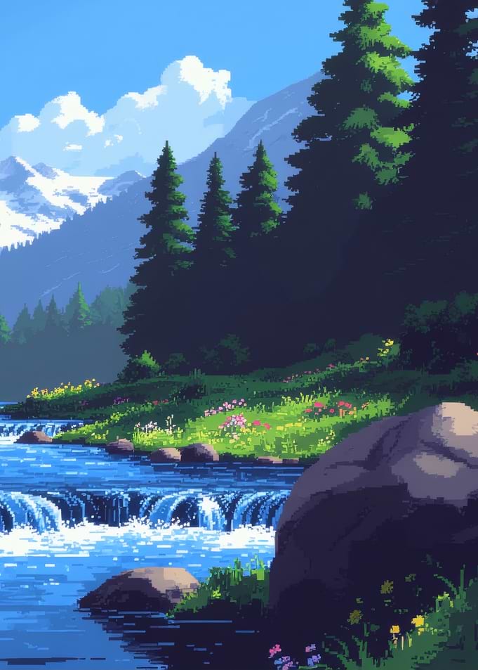 Pixel Art Mountain River Landscape