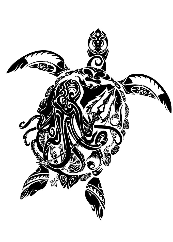 Turtle and Octopus Tribal Tattoo Design